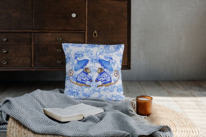 Belvedere Outdoor Pillows Chinoiserie Monkey Palm Blue