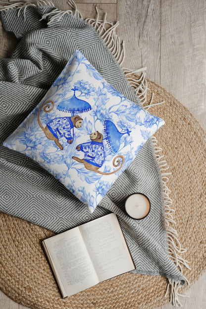 Belvedere Outdoor Pillows Chinoiserie Monkey Palm Blue