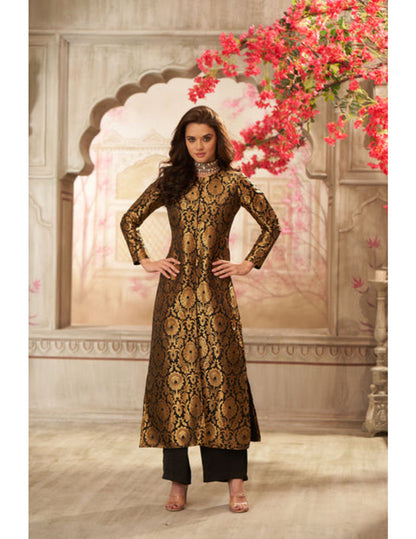 Black brocade jacket with straight pants for evening wear