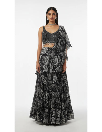 Black Crepe Embroidered Draped Saree Set