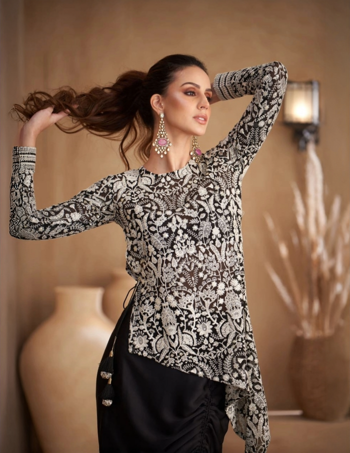 Black georgette silk chikankari set for festive wear