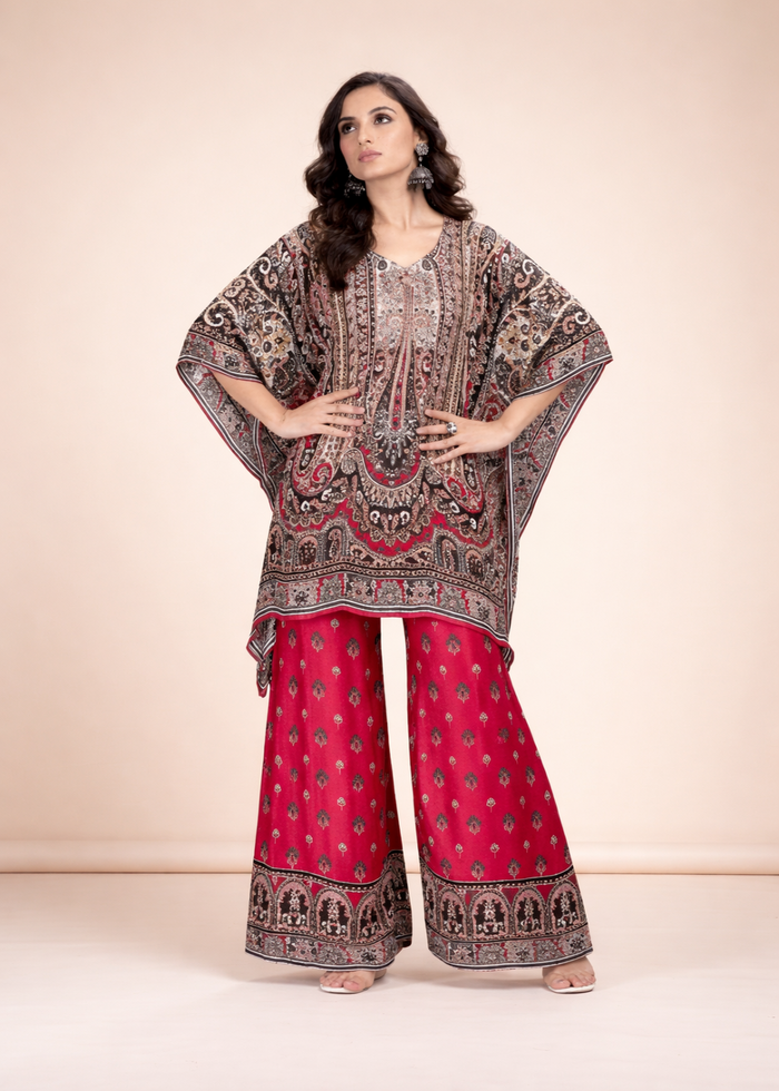 Black printed kaftan co-ord set with relaxed silhouette, modern festive wear for women in Singapore