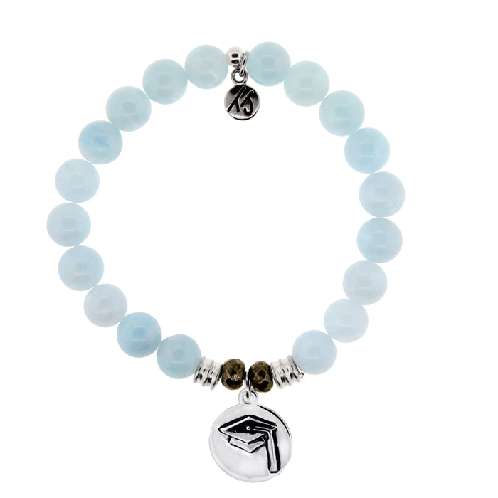 Blue Aquamarine Gemstone Bracelet with Grad Cap Sterling Silver Charm T. Jazelle