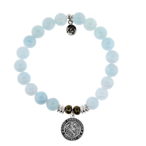Blue Aquamarine Gemstone Bracelet with Saint Christopher Sterling Silver Charm Tiffany Jazelle