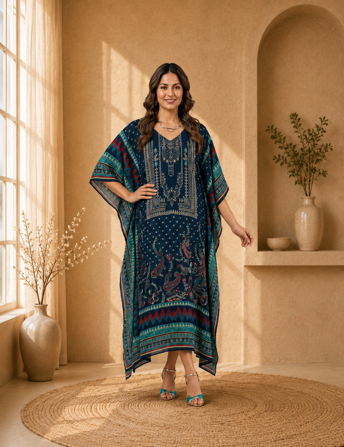 Blue Printed Georgette Kaftan with Intricate Ethnic Patterns for Women