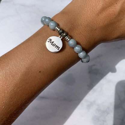 Blue Quartzite Gemstone Bracelet with Mom Sterling Silver Charm T. Jazelle