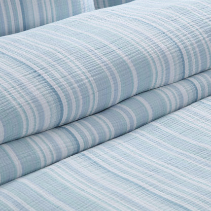 Boracay Stripe Muslin Duvet Cover Set featuring softly textured cotton in aqua and white striped pattern