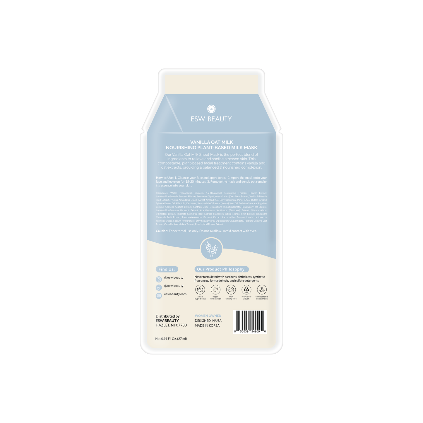 ESW BEAUTY - Vanilla Oat Milk Nourishing Plant-Based Milk Sheet Mask
