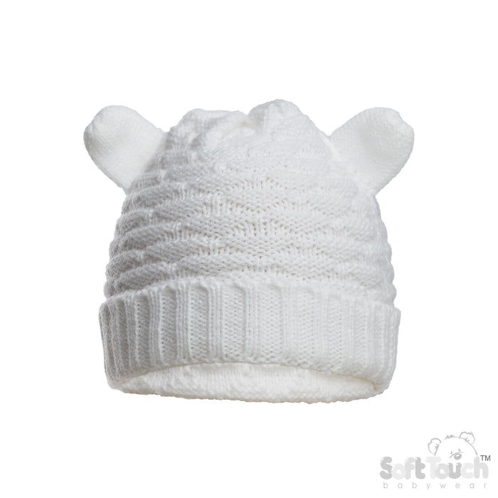 Cable Knit Infants Turnover Hat W/Ears - White (NB-12) (PK6) H710-W