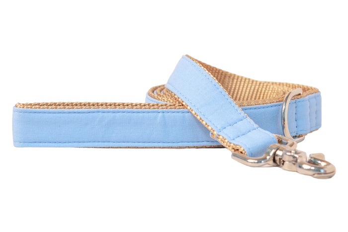 A soft light blue dog leash with tan woven nylon underside and reinforced stitching, featuring a silver-tone hook and matching D-ring.