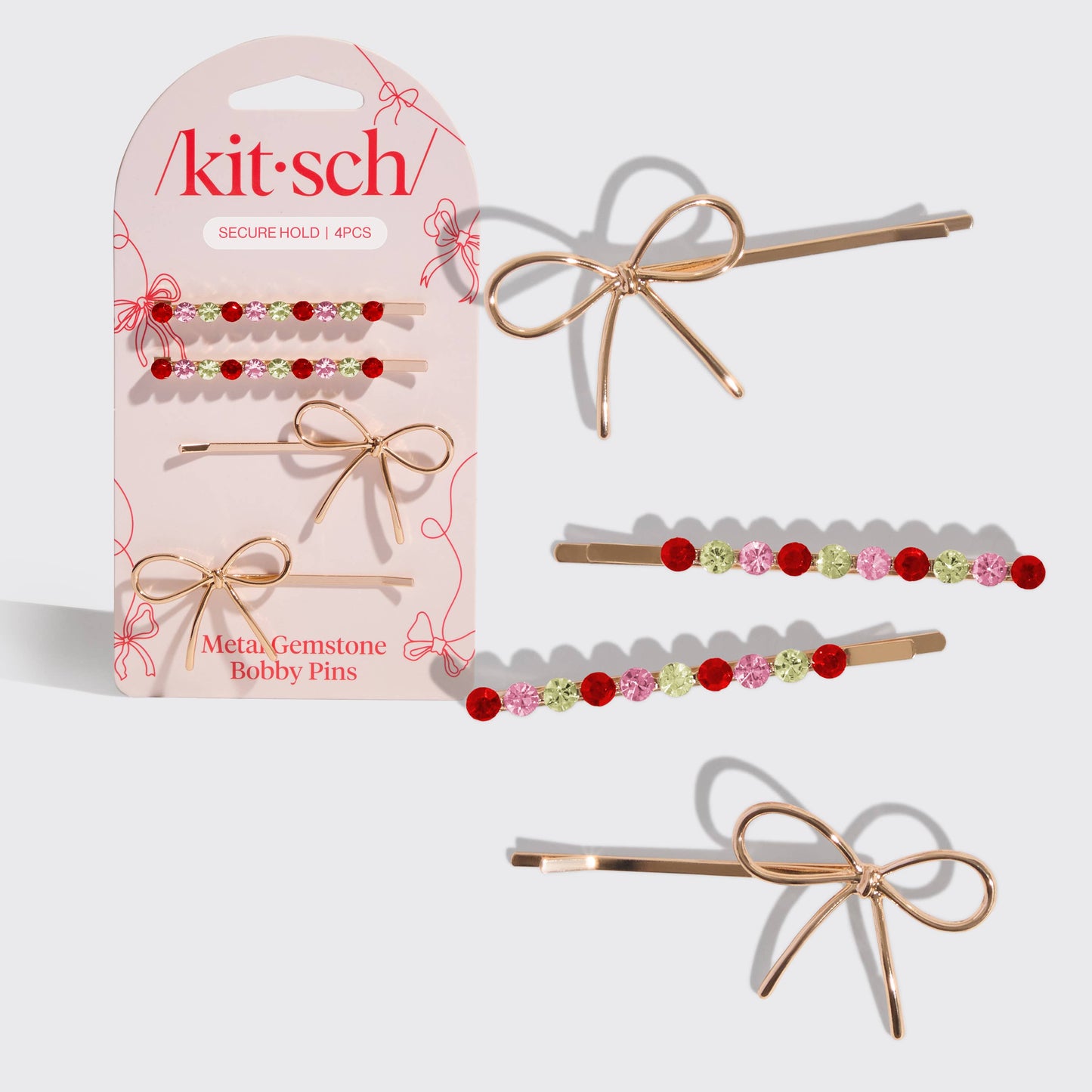 KITSCH - Gemstone and Bow Bobby Pins 4pc Set