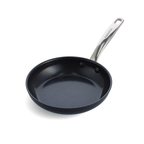 Black ceramic 8-inch frypan with a silver handle on a white background.