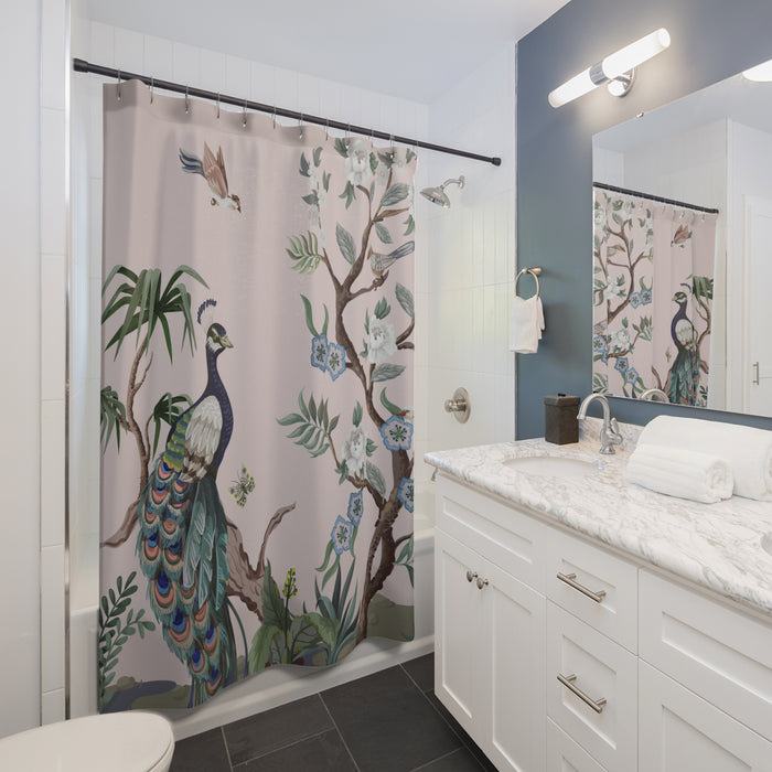 Chinoiserie Blush Pink Peacock Shower Curtain