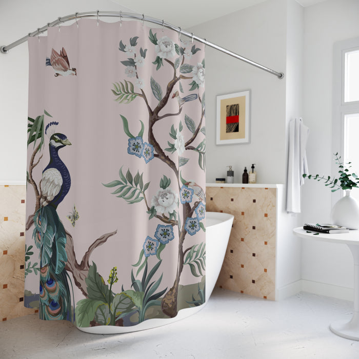 Chinoiserie Blush Pink Peacock Shower Curtain