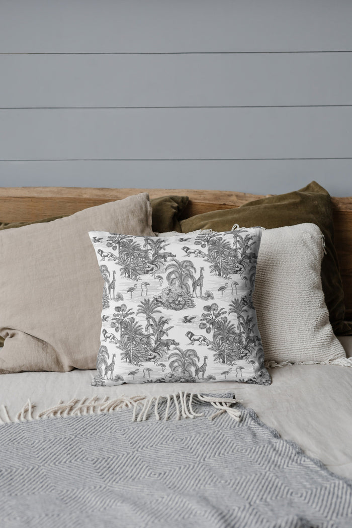 Chinoiserie Jungle Cotton Pillows Toile de Jouy Black White
