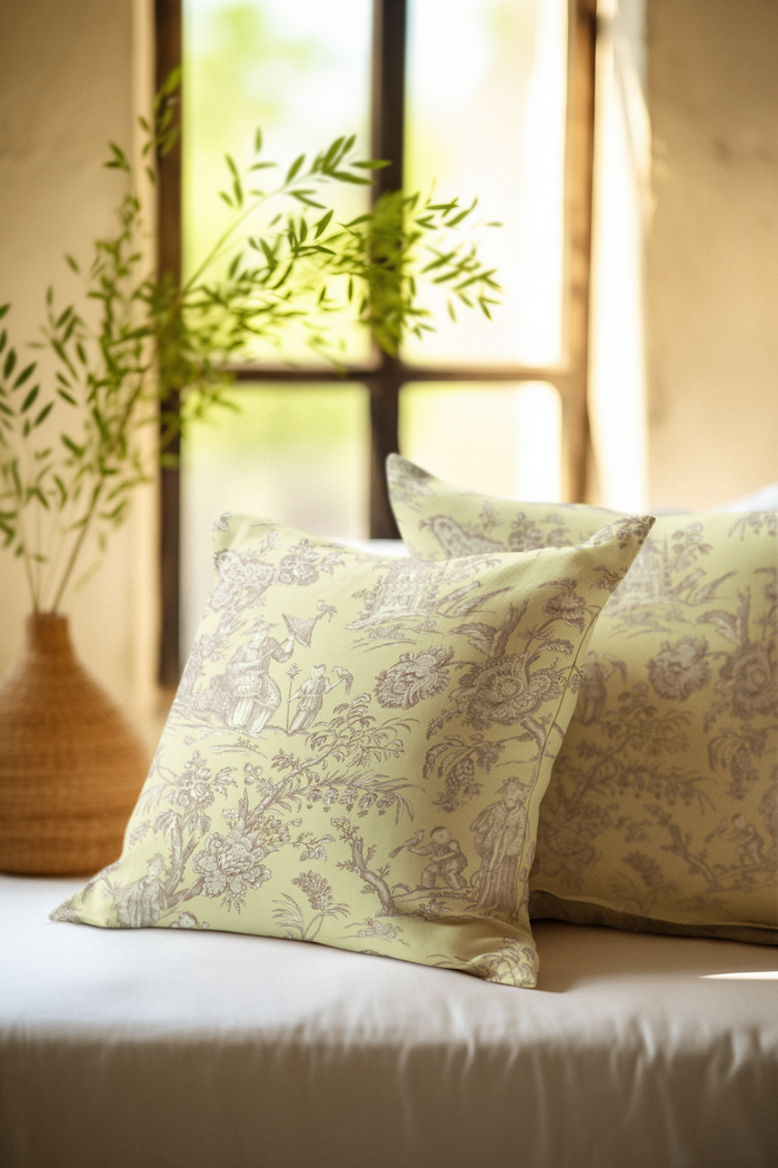 Chinoiserie Outdoor Pillows Antique Yellow Sepia Toile de Jouy