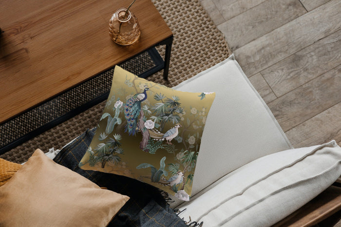 Chinoiserie Peacock Cotton Pillows Golden Garden