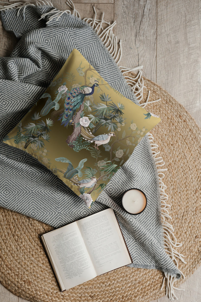 Chinoiserie Peacock Cotton Pillows Golden Garden