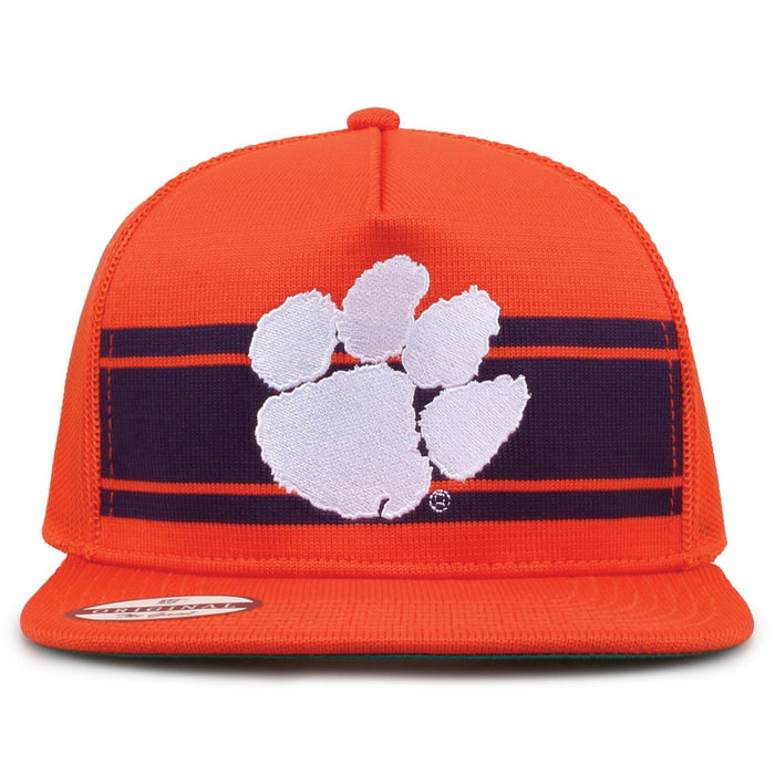 Clemson University Class of '92 trucker hat, front view with embroidered logo and stripes