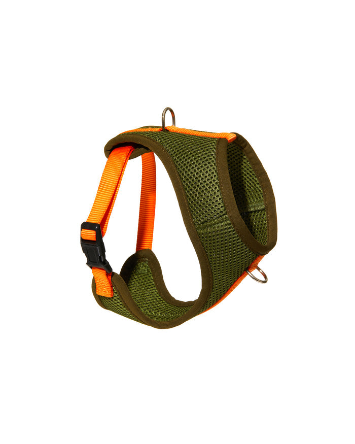color block padded harness in green and orange