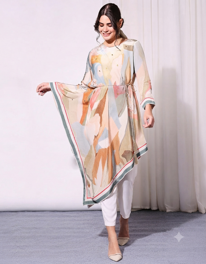Multi-colour Conversational Printed Asymmetric Kurta Set in slub silk featuring delicate embroidery, a waist tie-up, and an elegant contemporary silhouette for women.