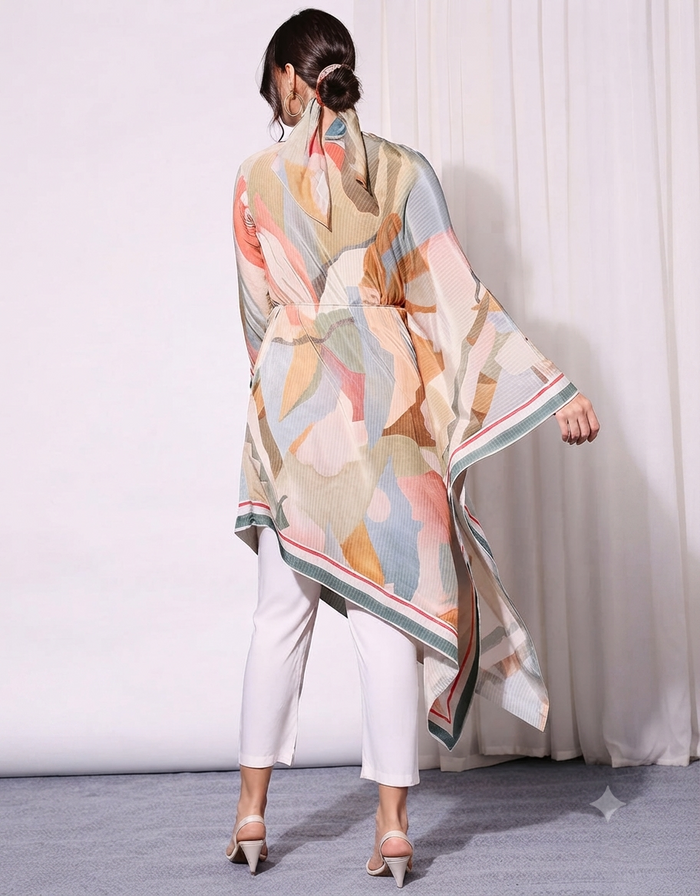 Multi-colour Conversational Printed Asymmetric Kurta Set in slub silk featuring delicate embroidery, a waist tie-up, and an elegant contemporary silhouette for women.