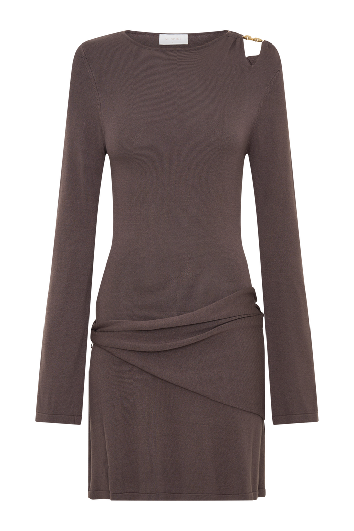 Cresida Knit Long Sleeve Mini Dress With Hardware - Peppercorn