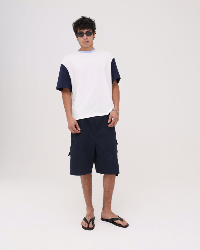 Crop Boxy Tee - White / Navy / Cornflower