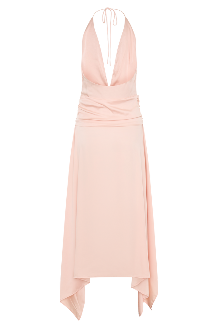 Cyra Plunge Satin Midi Dress - Peach