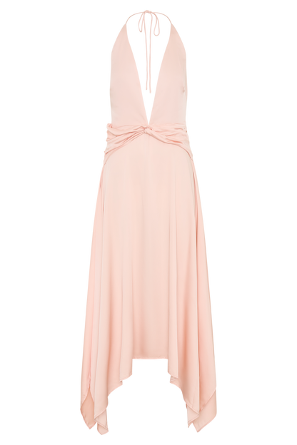 Cyra Plunge Satin Midi Dress - Peach