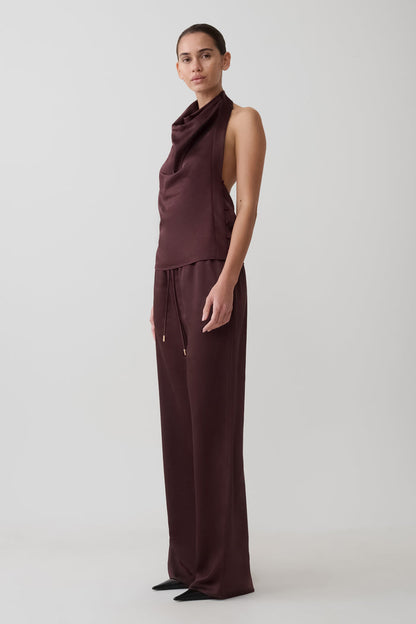 Danica Satin Halter Sleeveless Top - Mahogany