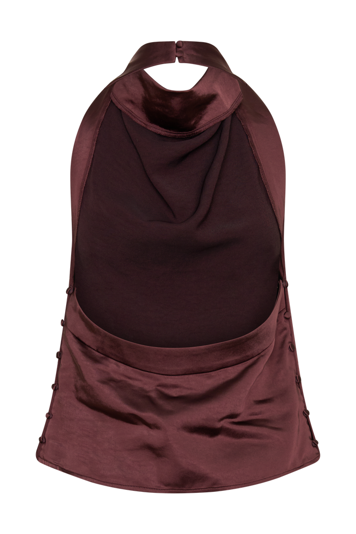 Danica Satin Halter Sleeveless Top - Mahogany