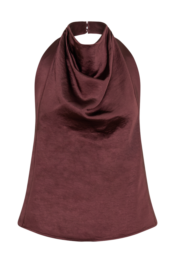 Danica Satin Halter Sleeveless Top - Mahogany