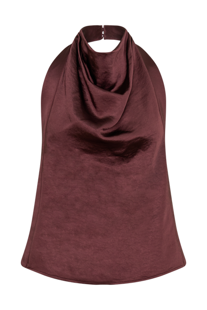 Danica Satin Halter Sleeveless Top - Mahogany