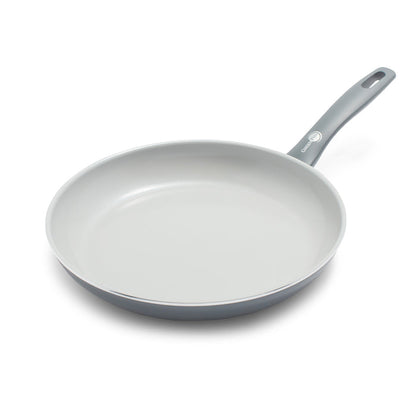 Charcoal gray ceramic nonstick frypan with light gray interior and cool-touch handle on a white background.
