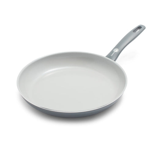 Charcoal gray ceramic nonstick frypan with light gray interior and cool-touch handle on a white background.
