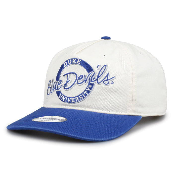 Duke Original Circle snapback hat showing embroidered front design and curved brim, angled view