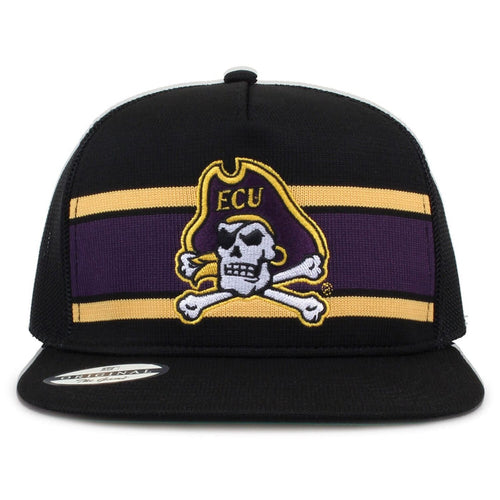 East Carolina University Class of '92 trucker hat, front view with embroidered logo and stripes