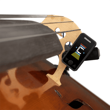 D'Addario Eclipse tuner shown on cello bridge