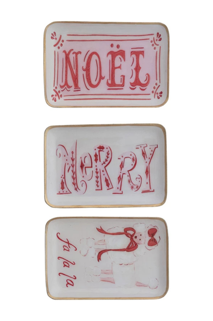 Enameled Metal Tray with Holiday Saying, Image & Gold Edge, 3 Styles ©