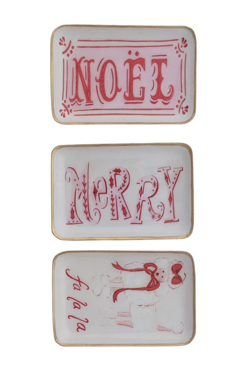 Enameled Metal Tray with Holiday Saying, Image & Gold Edge, 3 Styles ©