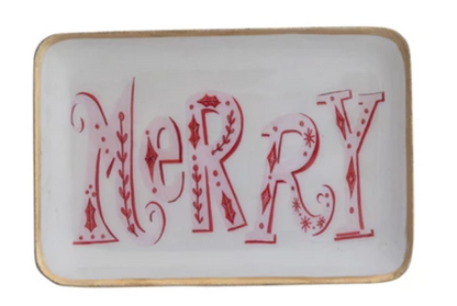 Enameled Metal Tray with Holiday Saying, Image & Gold Edge, 3 Styles ©