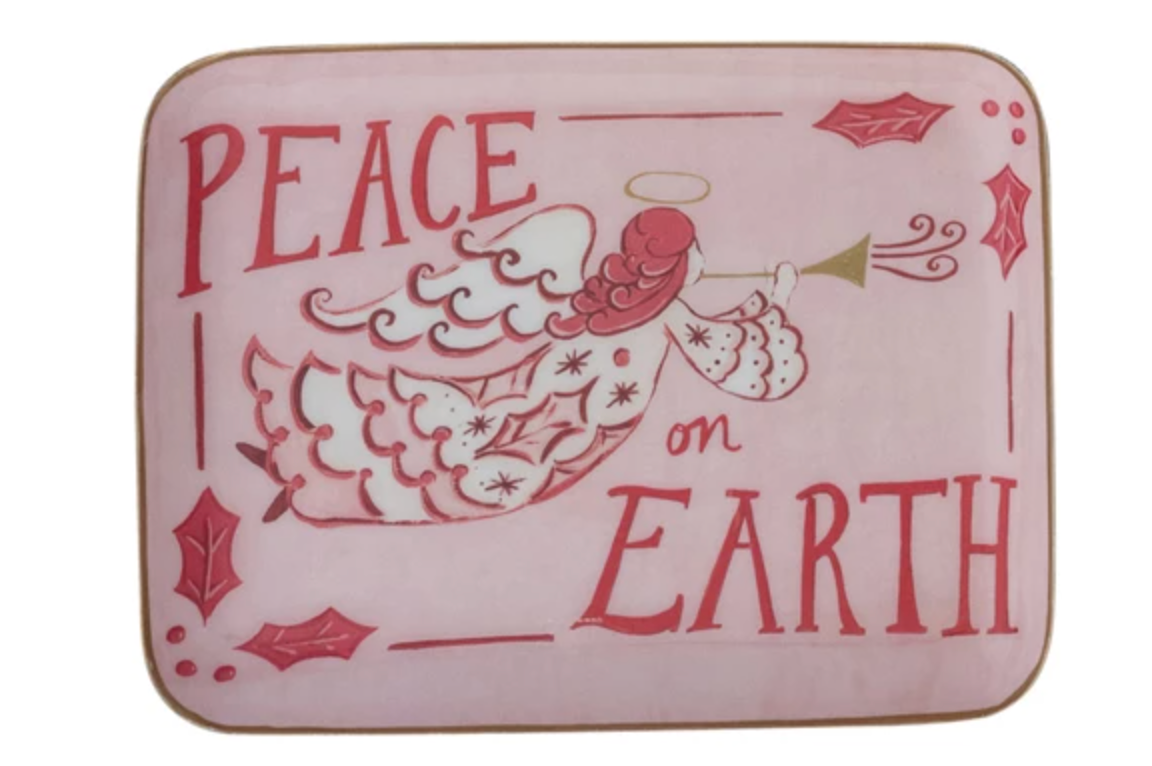 Enameled Metal Tray with Holiday Saying, Image & Gold Edge, 2 Styles ©