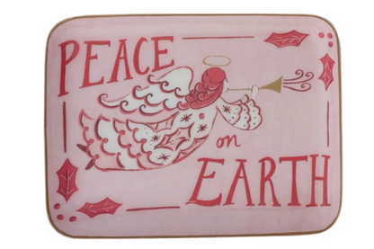 Enameled Metal Tray with Holiday Saying, Image & Gold Edge, 2 Styles ©