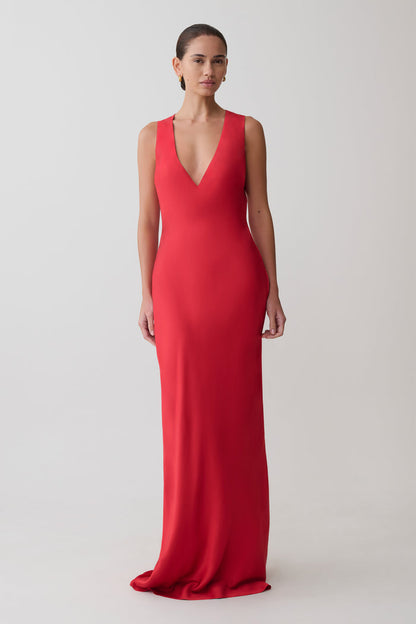 Esme Plunge Satin Maxi Dress - Red