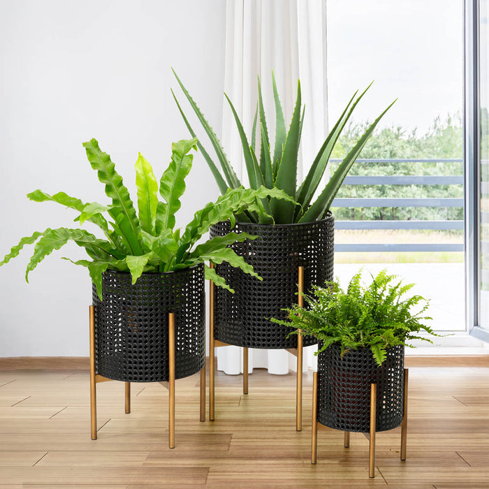 Faux Wicker Black Metal Pot Planter Stand, Set of 3
