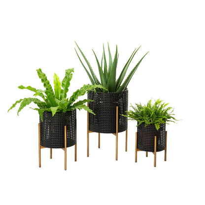 Faux Wicker Black Metal Pot Planter Stand, Set of 3