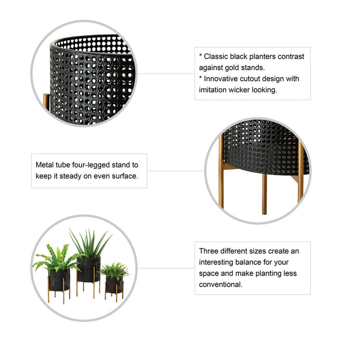 Faux Wicker Black Metal Pot Planter Stand, Set of 3