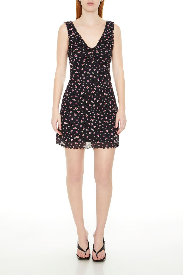 Floral Lettuce-Edge Mini Dress