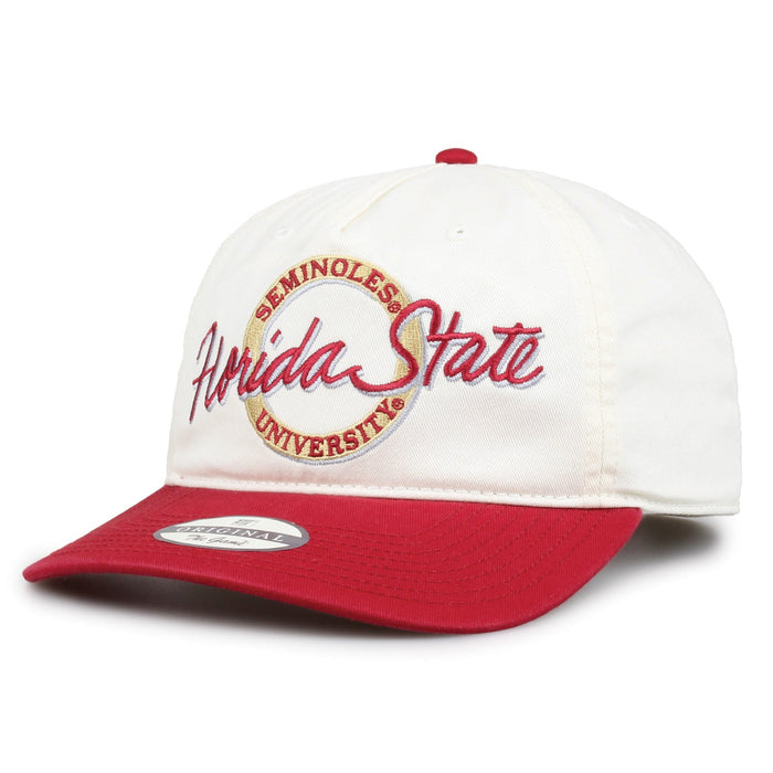 Florida State Original Circle snapback hat showing embroidered front design and brim, angled view